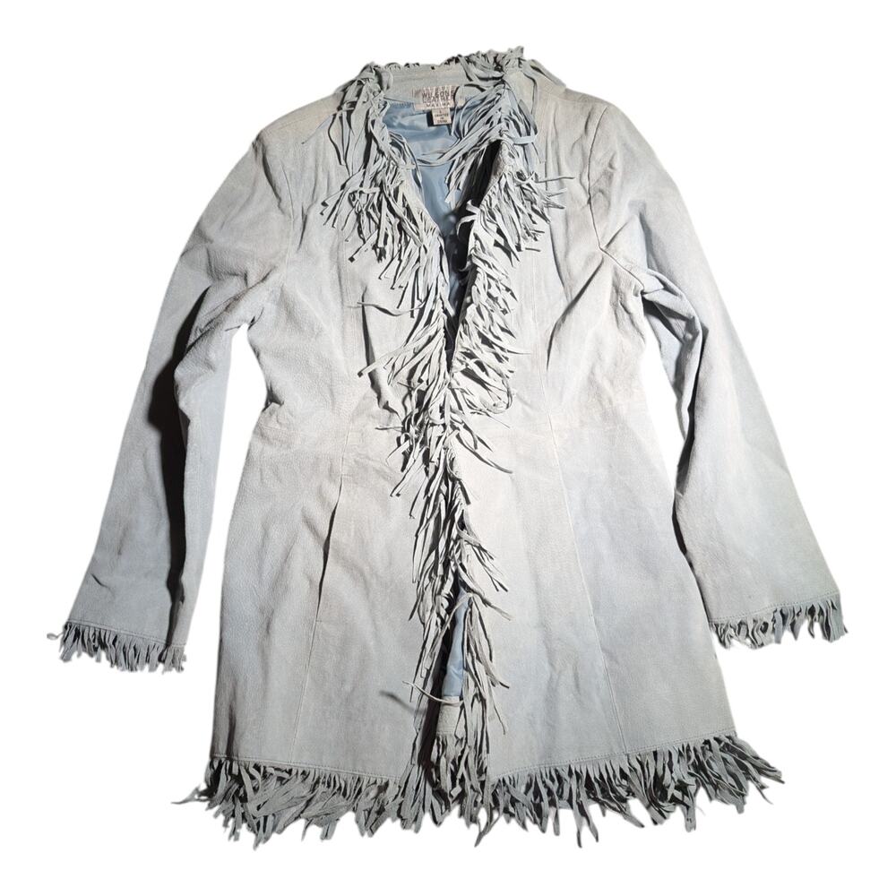 Vtg Y2K Wilsons Leather Pale Blue Suede Fringe Trim Western Duster Coat Sz L